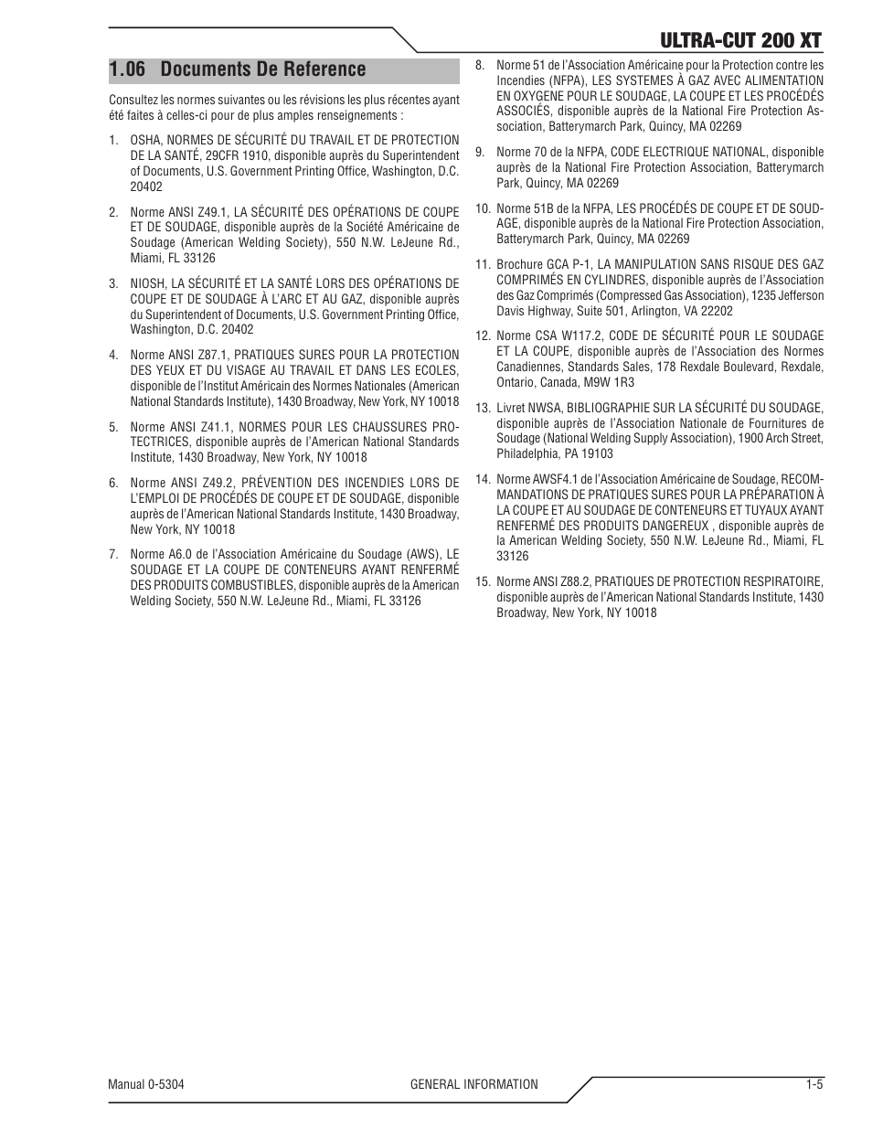 06 documents de reference, Documents de reference -5, Ultra-cut 200 xt | Tweco 200 XT Ultra-Cut Plasma Cutting System With Automated Gas Control User Manual | Page 13 / 208