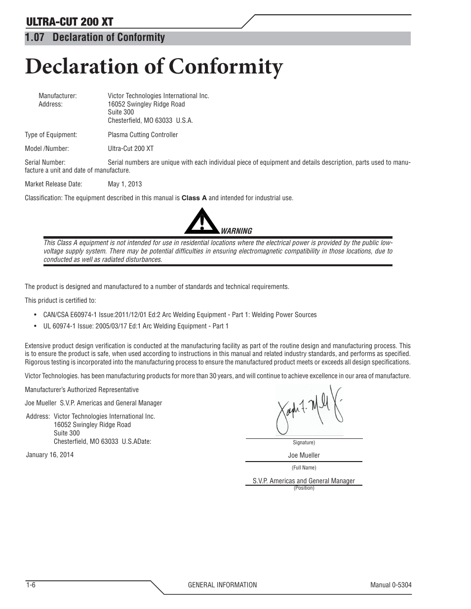 Declaration of conformity, Ultra-cut 200 xt, 07 declaration of conformity | Tweco 200 XT Ultra-Cut Plasma Cutting System With Automated Gas Control User Manual | Page 14 / 208