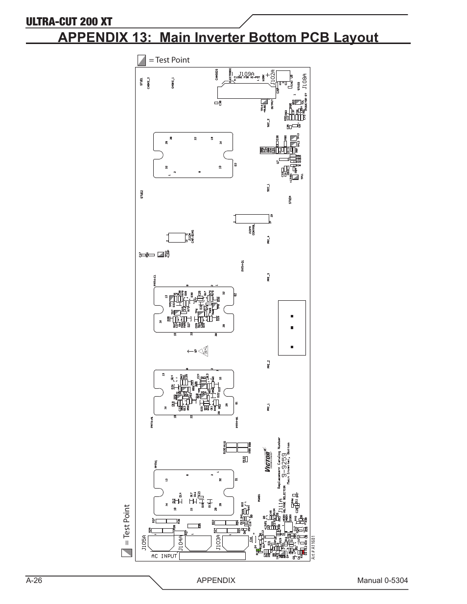 Appendix 13: main inverter bottom pcb layout, Ultra-cut 200 xt | Tweco 200 XT Ultra-Cut Plasma Cutting System With Automated Gas Control User Manual | Page 150 / 208