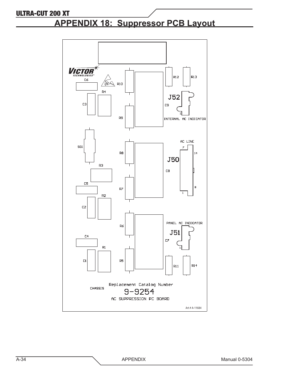 Appendix 18: suppressor pcb layout, Ultra-cut 200 xt | Tweco 200 XT Ultra-Cut Plasma Cutting System With Automated Gas Control User Manual | Page 158 / 208