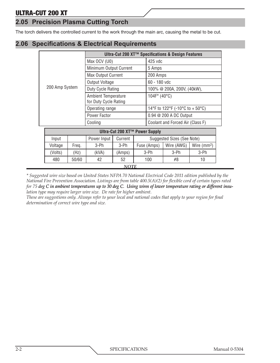 05 precision plasma cutting torch, 06 specifications & electrical requirements, Precision plasma cutting torch -2 | Specifications & electrical requirements -2, Ultra-cut 200 xt | Tweco 200 XT Ultra-Cut Plasma Cutting System With Automated Gas Control User Manual | Page 18 / 208