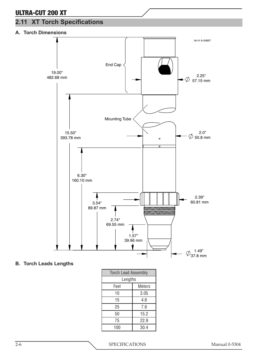 11 xt torch specifications, Xt torch specifications -6, Ultra-cut 200 xt | Tweco 200 XT Ultra-Cut Plasma Cutting System With Automated Gas Control User Manual | Page 22 / 208