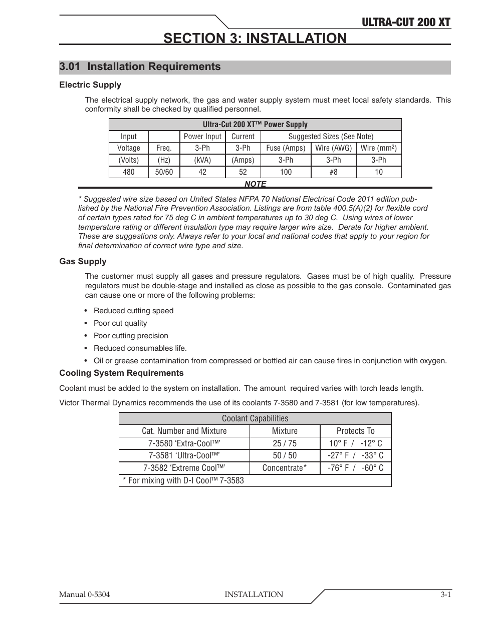 Section 3: installation, 01 installation requirements, Section 3: installation -1 | Installation requirements -1, Ultra-cut 200 xt | Tweco 200 XT Ultra-Cut Plasma Cutting System With Automated Gas Control User Manual | Page 25 / 208