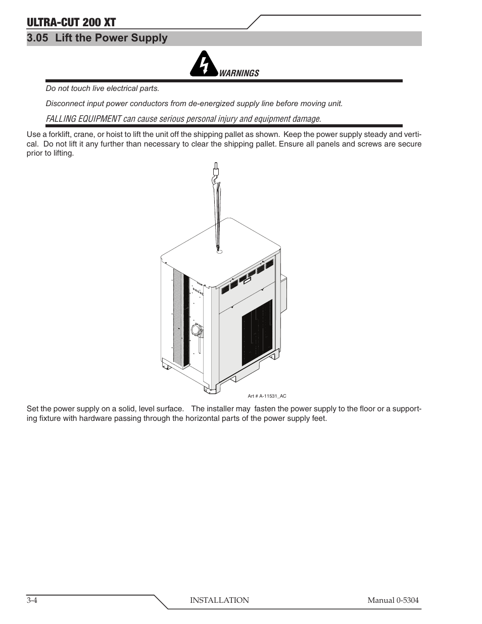 05 lift the power supply, Lift the power supply -4, Ultra-cut 200 xt | Tweco 200 XT Ultra-Cut Plasma Cutting System With Automated Gas Control User Manual | Page 28 / 208