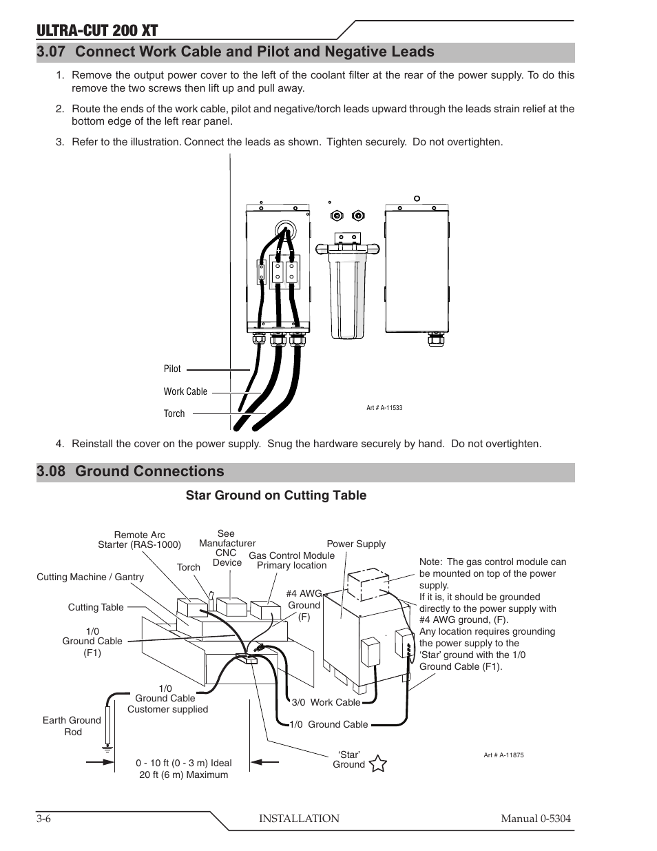 07 connect work cable and pilot and negative leads, 08 ground connections, Connect work cable and pilot and negative leads -6 | Ground connections -6, Ultra-cut 200 xt | Tweco 200 XT Ultra-Cut Plasma Cutting System With Automated Gas Control User Manual | Page 30 / 208