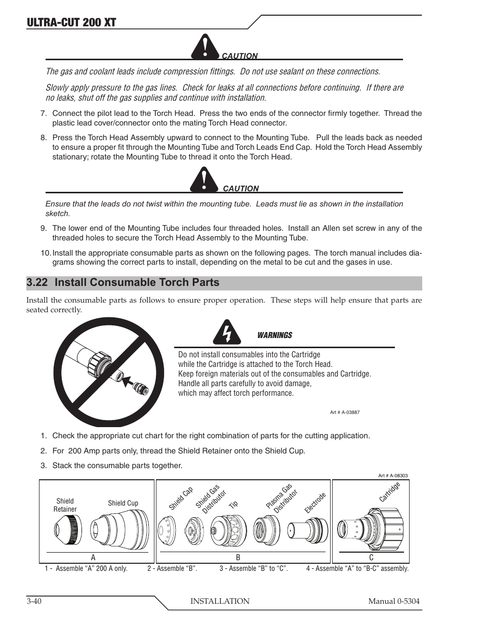 22 install consumable torch parts, Install consumable torch parts -40, Ultra-cut 200 xt | Tweco 200 XT Ultra-Cut Plasma Cutting System With Automated Gas Control User Manual | Page 64 / 208