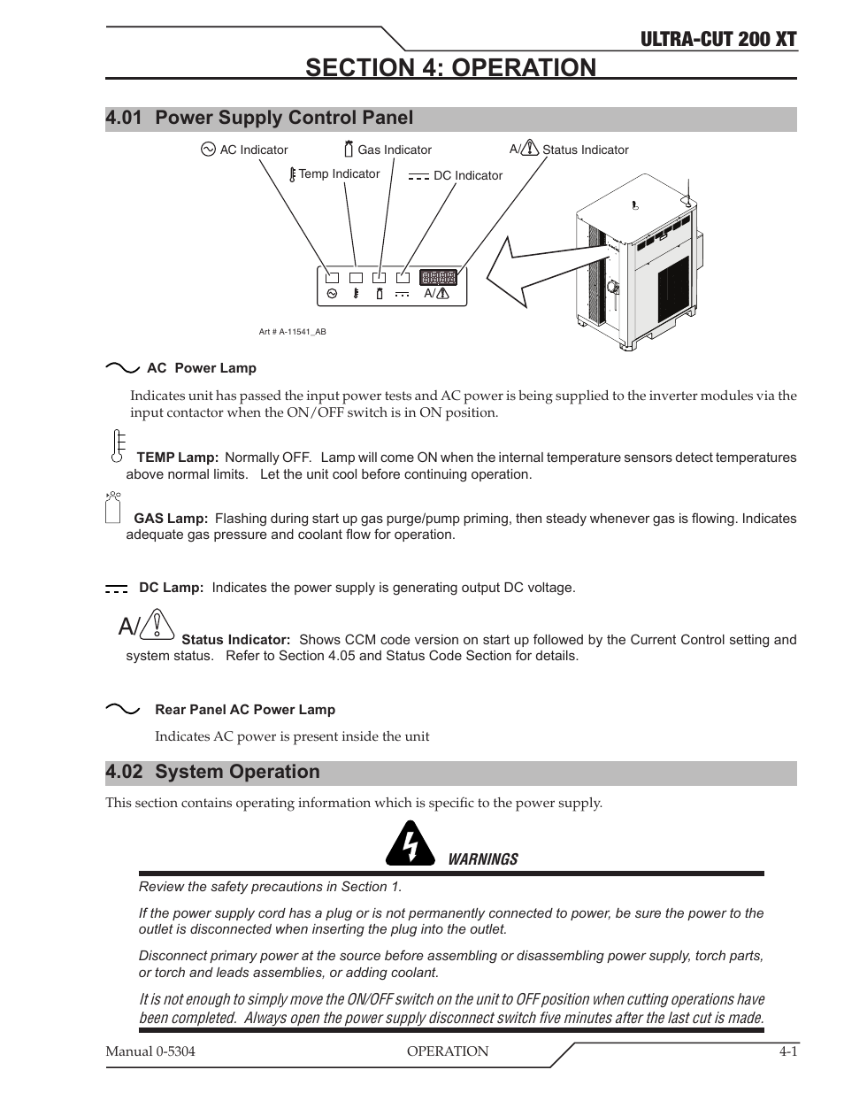 Section 4: operation, 01 power supply control panel, 02 system operation | Section 4: operation -1, Power supply control panel -1, System operation -1, Ultra-cut 200 xt | Tweco 200 XT Ultra-Cut Plasma Cutting System With Automated Gas Control User Manual | Page 71 / 208