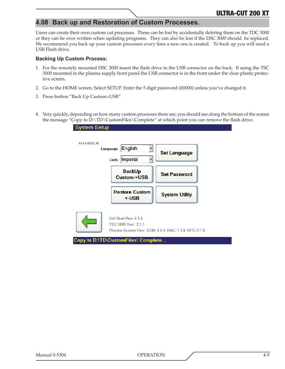 08 back up and restoration of custom processes, Back up and restoration of custom processes -9, Ultra-cut 200 xt | Tweco 200 XT Ultra-Cut Plasma Cutting System With Automated Gas Control User Manual | Page 79 / 208