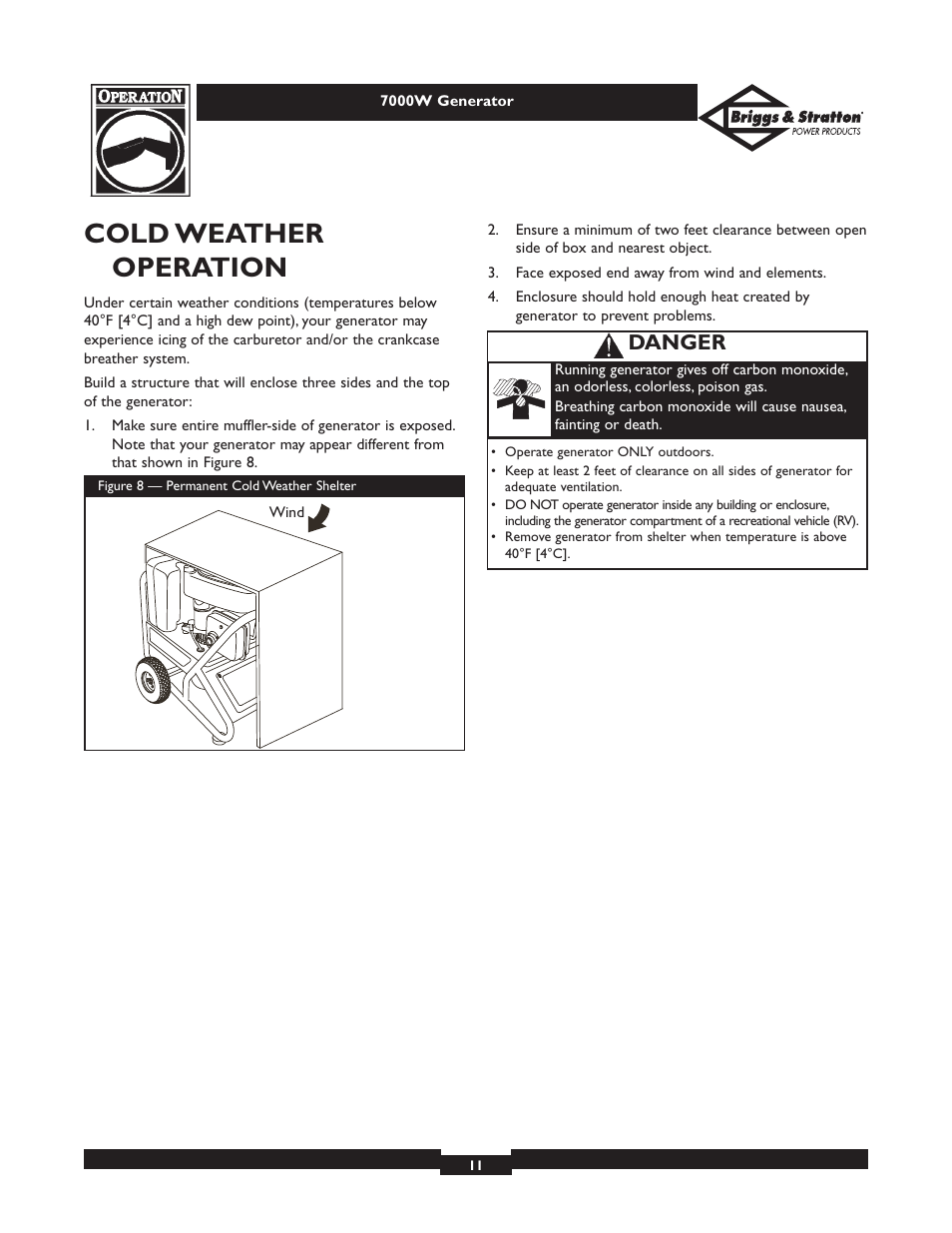 Cold weather operation, Danger | Briggs & Stratton Elite 01894 User Manual | Page 11 / 56