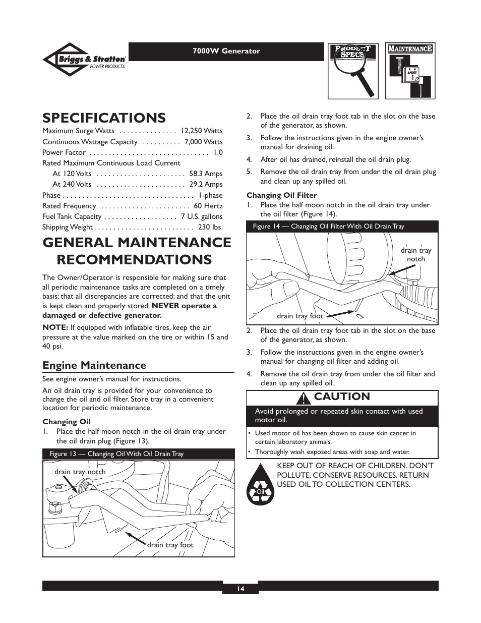 Specifications, General maintenance recommendations, Engine maintenance | Caution | Briggs & Stratton Elite 01894 User Manual | Page 14 / 56