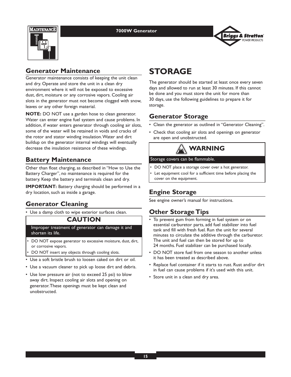 Storage, Generator maintenance, Battery maintenance | Generator cleaning, Generator storage, Engine storage, Other storage tips, Warning, Caution | Briggs & Stratton Elite 01894 User Manual | Page 15 / 56