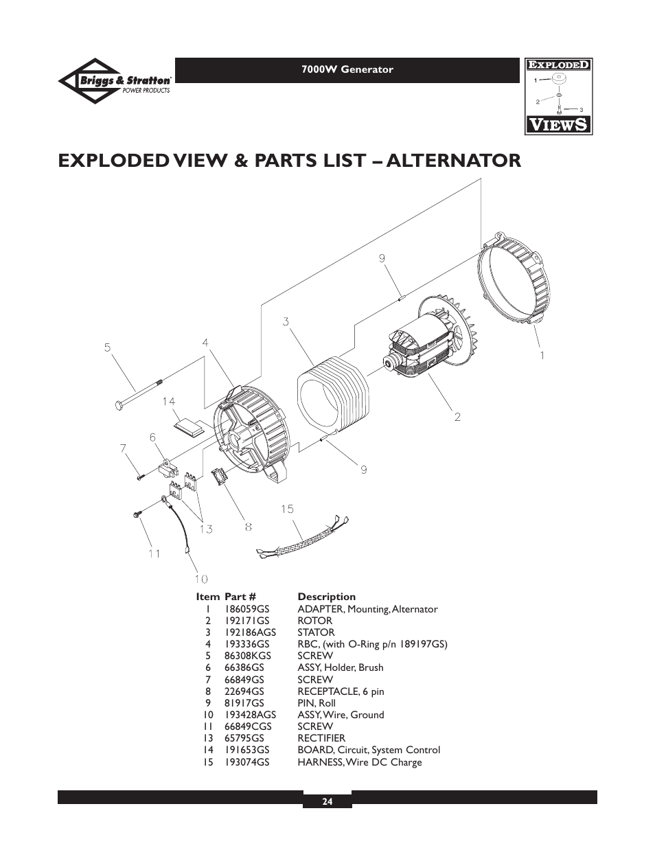 Exploded view & parts list – alternator | Briggs & Stratton Elite 01894 User Manual | Page 24 / 56
