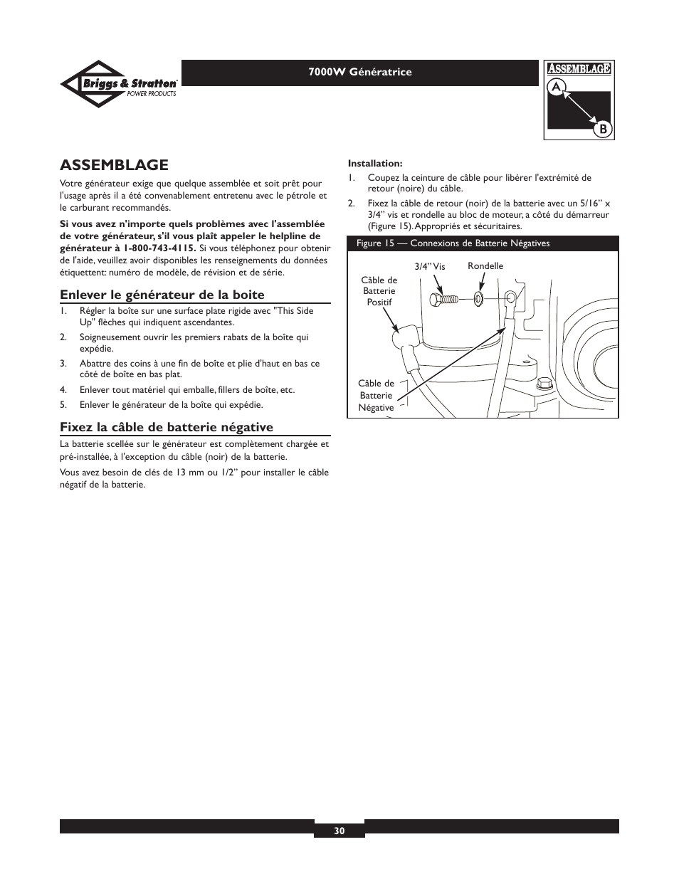 Assemblage, Enlever le générateur de la boite, Fixez la câble de batterie négative | Briggs & Stratton Elite 01894 User Manual | Page 30 / 56