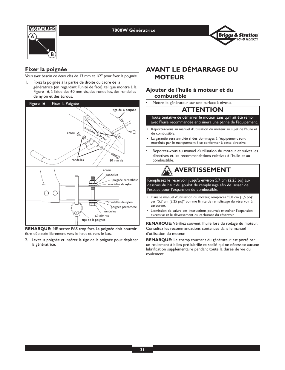 Avant le démarrage du moteur, Attention, Avertissement | Fixer la poignée, Ajouter de l'huile à moteur et du combustible | Briggs & Stratton Elite 01894 User Manual | Page 31 / 56