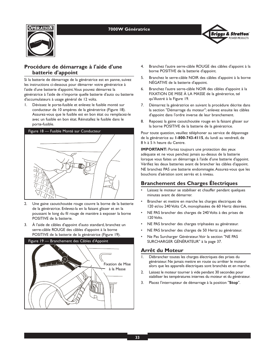 Branchement des charges électriques, Arrêt du moteur | Briggs & Stratton Elite 01894 User Manual | Page 33 / 56