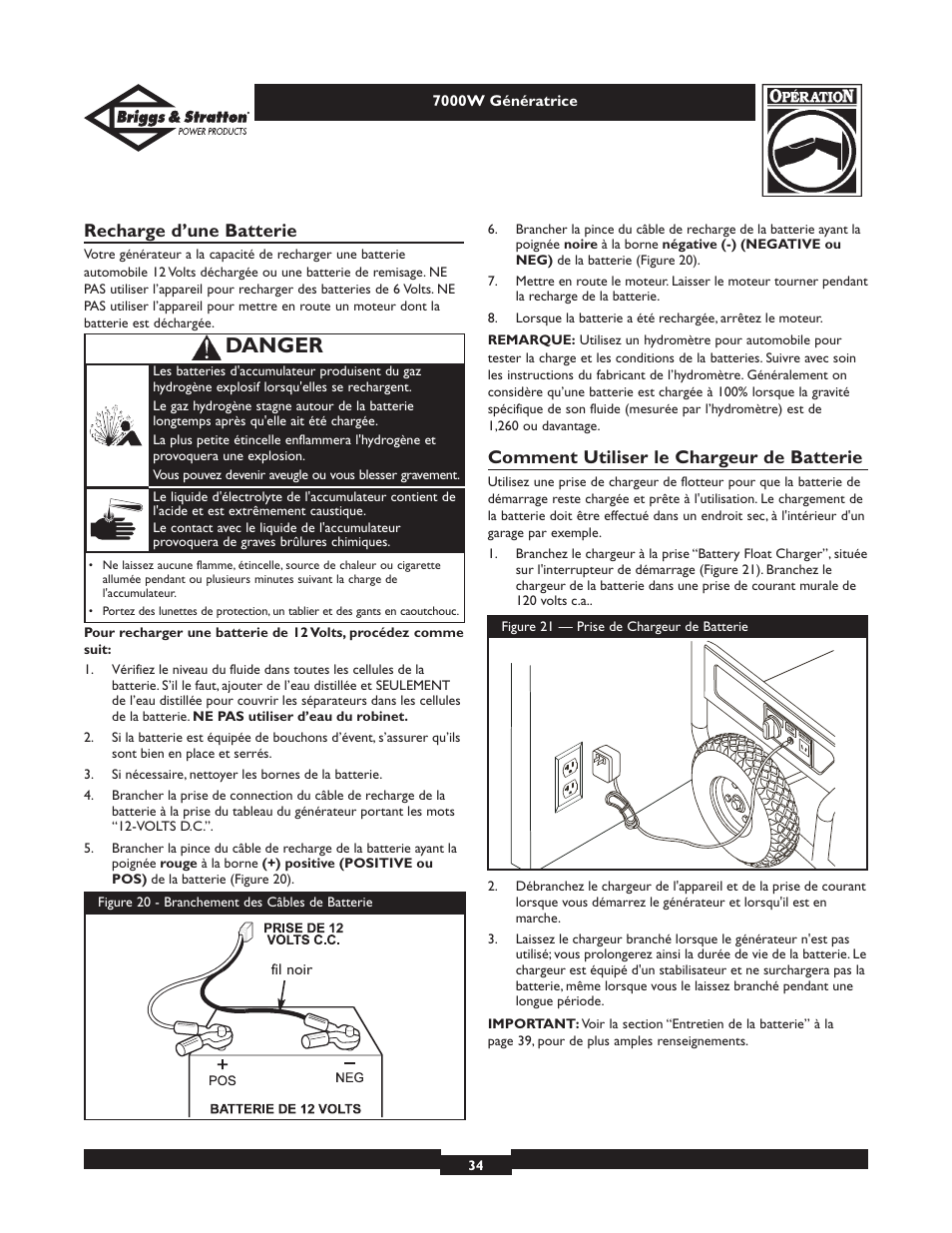 Danger, Recharge d’une batterie, Comment utiliser le chargeur de batterie | Briggs & Stratton Elite 01894 User Manual | Page 34 / 56