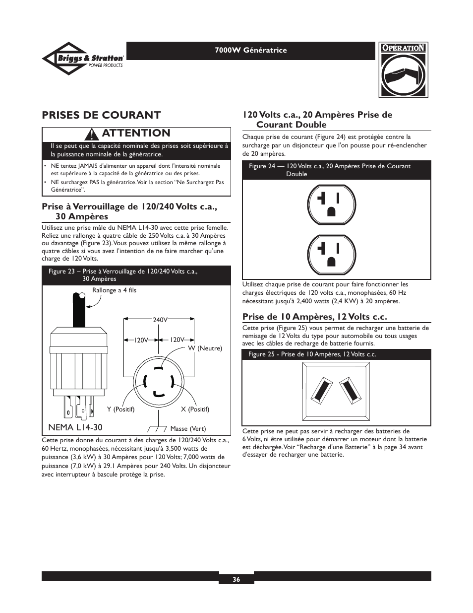 Prises de courant, Attention | Briggs & Stratton Elite 01894 User Manual | Page 36 / 56