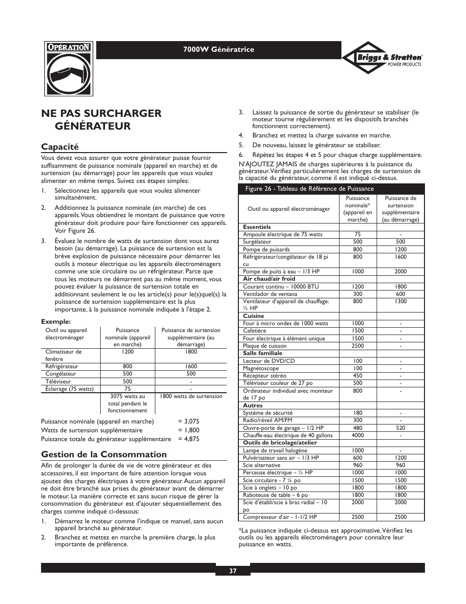 Ne pas surcharger générateur, Capacité, Gestion de la consommation | Briggs & Stratton Elite 01894 User Manual | Page 37 / 56
