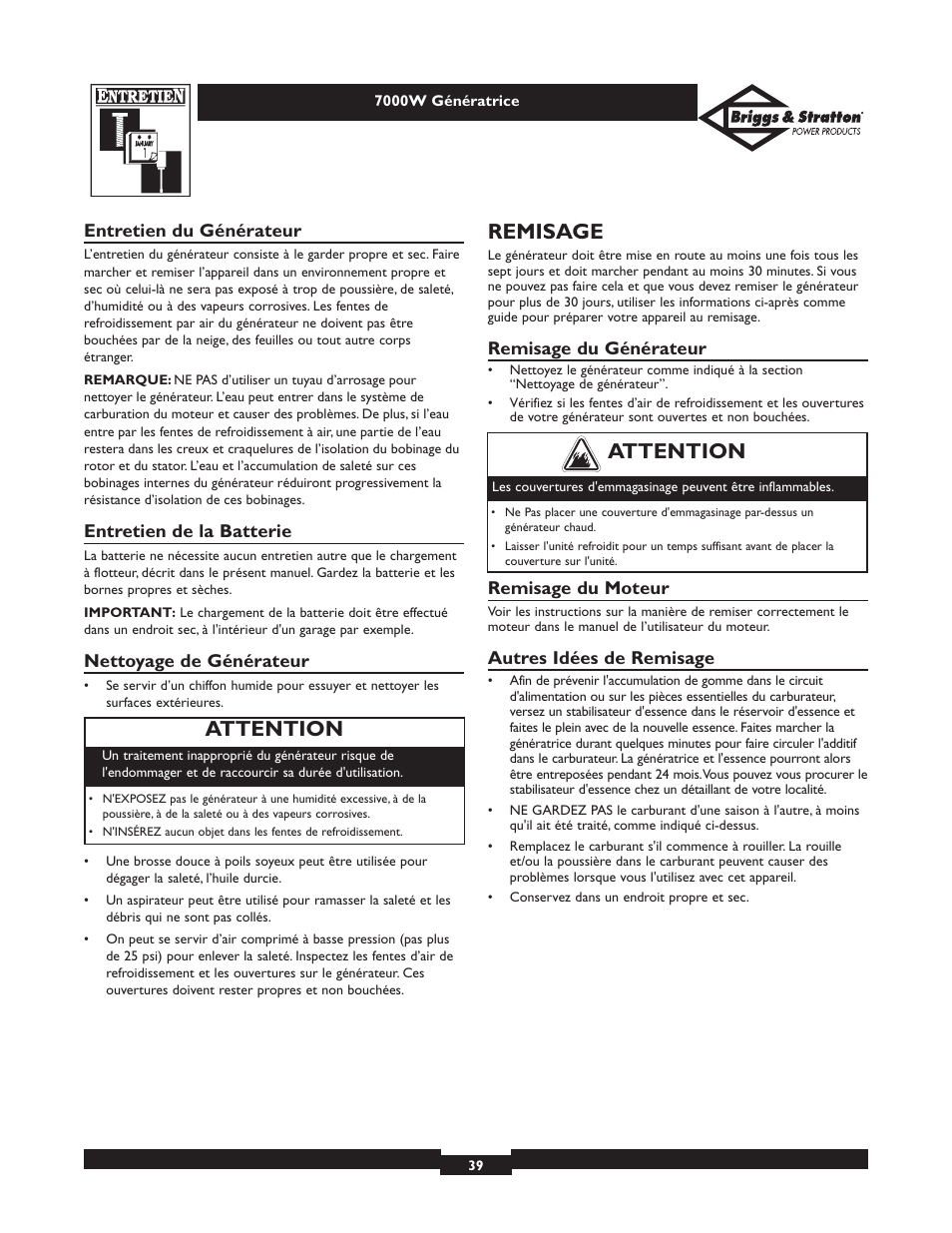 Remisage, Attention | Briggs & Stratton Elite 01894 User Manual | Page 39 / 56