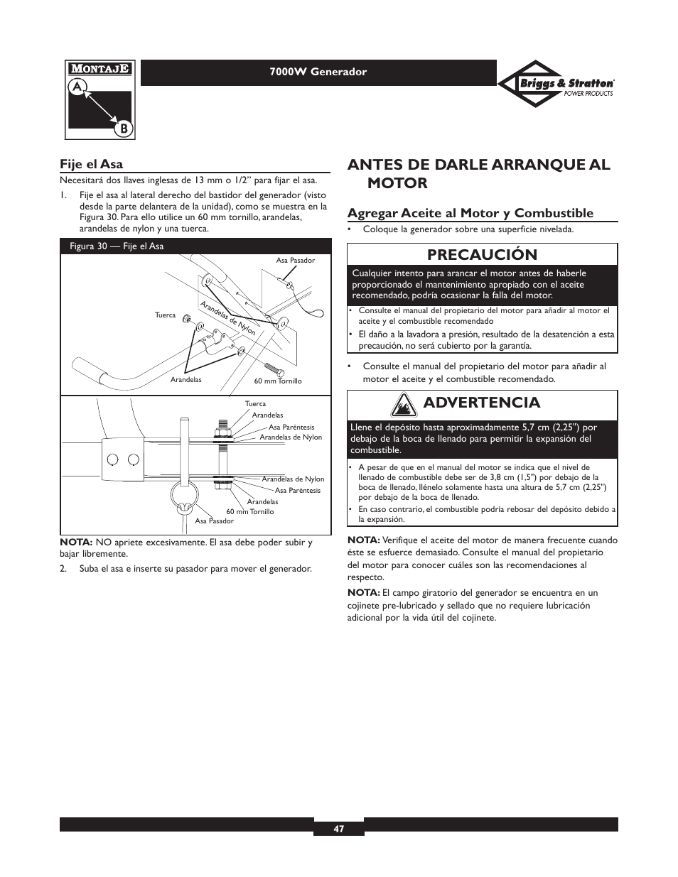 Antes de darle arranque al motor, Precaución, Advertencia | Fije el asa, Agregar aceite al motor y combustible | Briggs & Stratton Elite 01894 User Manual | Page 47 / 56