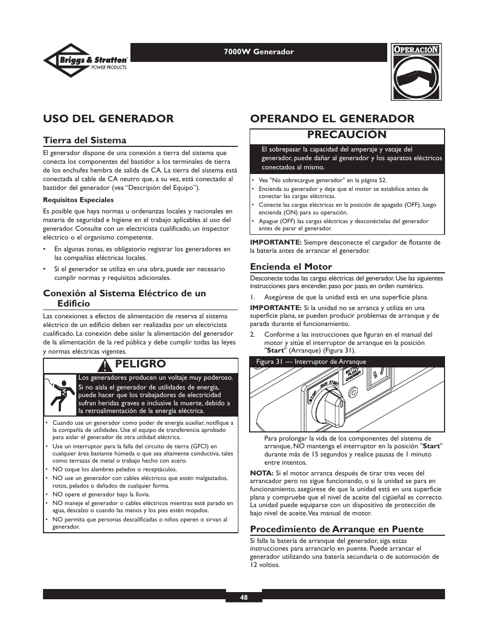 Uso del generador, Operando el generador, Precaución | Peligro, Tierra del sistema, Conexión al sistema eléctrico de un edificio, Encienda el motor, Procedimiento de arranque en puente | Briggs & Stratton Elite 01894 User Manual | Page 48 / 56