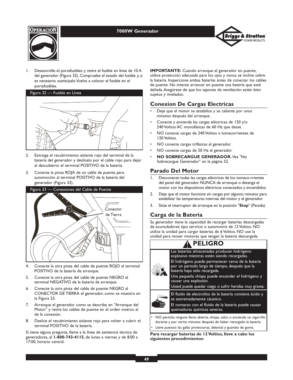 Peligro, Conexion de cargas electricas, Parado del motor | Carga de la bateria | Briggs & Stratton Elite 01894 User Manual | Page 49 / 56