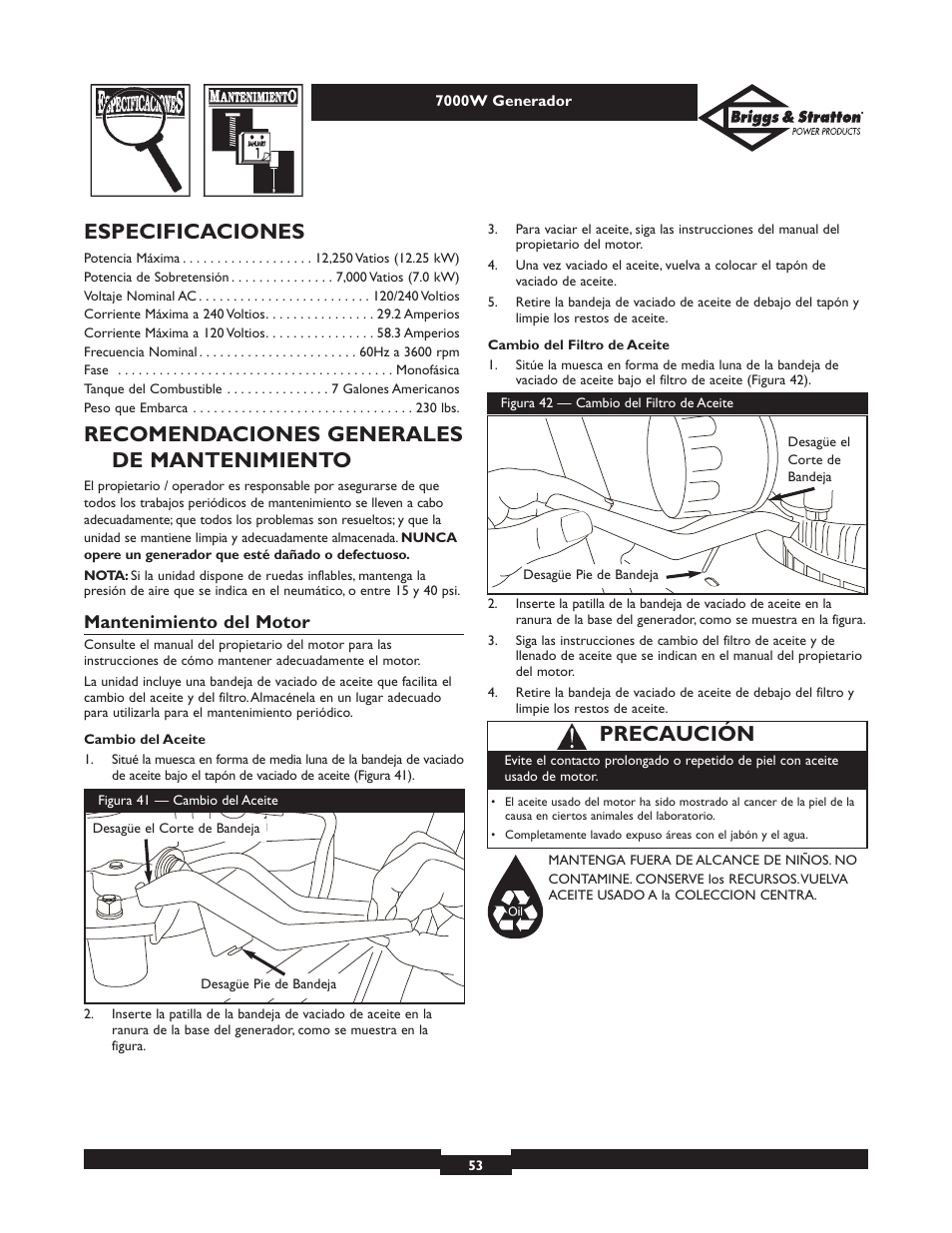 Especificaciones, Recomendaciones generales de mantenimiento, Precaución | Briggs & Stratton Elite 01894 User Manual | Page 53 / 56