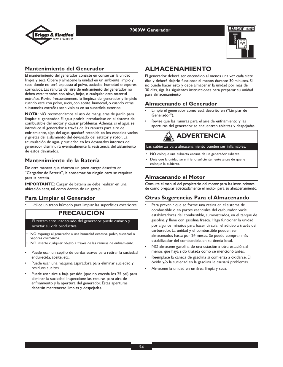 Almacenamiento, Precaución, Advertencia | Briggs & Stratton Elite 01894 User Manual | Page 54 / 56