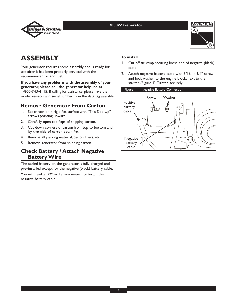 Assembly, Remove generator from carton, Check battery / attach negative battery wire | Briggs & Stratton Elite 01894 User Manual | Page 6 / 56