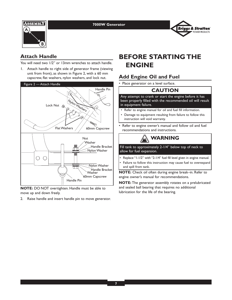 Before starting the engine, Attach handle, Add engine oil and fuel | Caution, Warning | Briggs & Stratton Elite 01894 User Manual | Page 7 / 56
