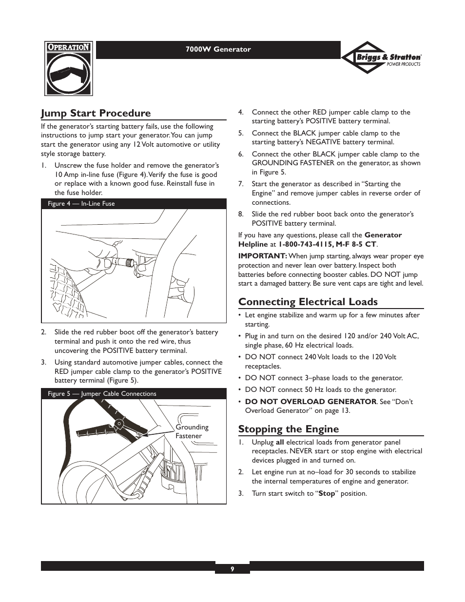 Jump start procedure, Connecting electrical loads, Stopping the engine | Briggs & Stratton Elite 01894 User Manual | Page 9 / 56