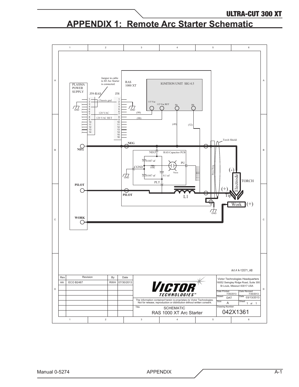 Appendix 1: remote arc starter schematic, Ultra-cut 300 xt, Ras 1000 xt arc starter | Work tip ele ct ro de | Tweco 300 XT Ultra-Cut Plasma Cutting System User Manual | Page 107 / 188