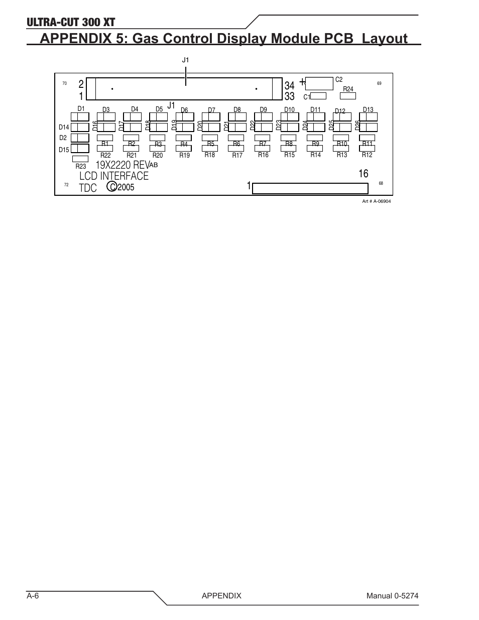 Appendix 5: gas control display module pcb layout, Ultra-cut 300 xt, Lcd interface | Tweco 300 XT Ultra-Cut Plasma Cutting System User Manual | Page 112 / 188