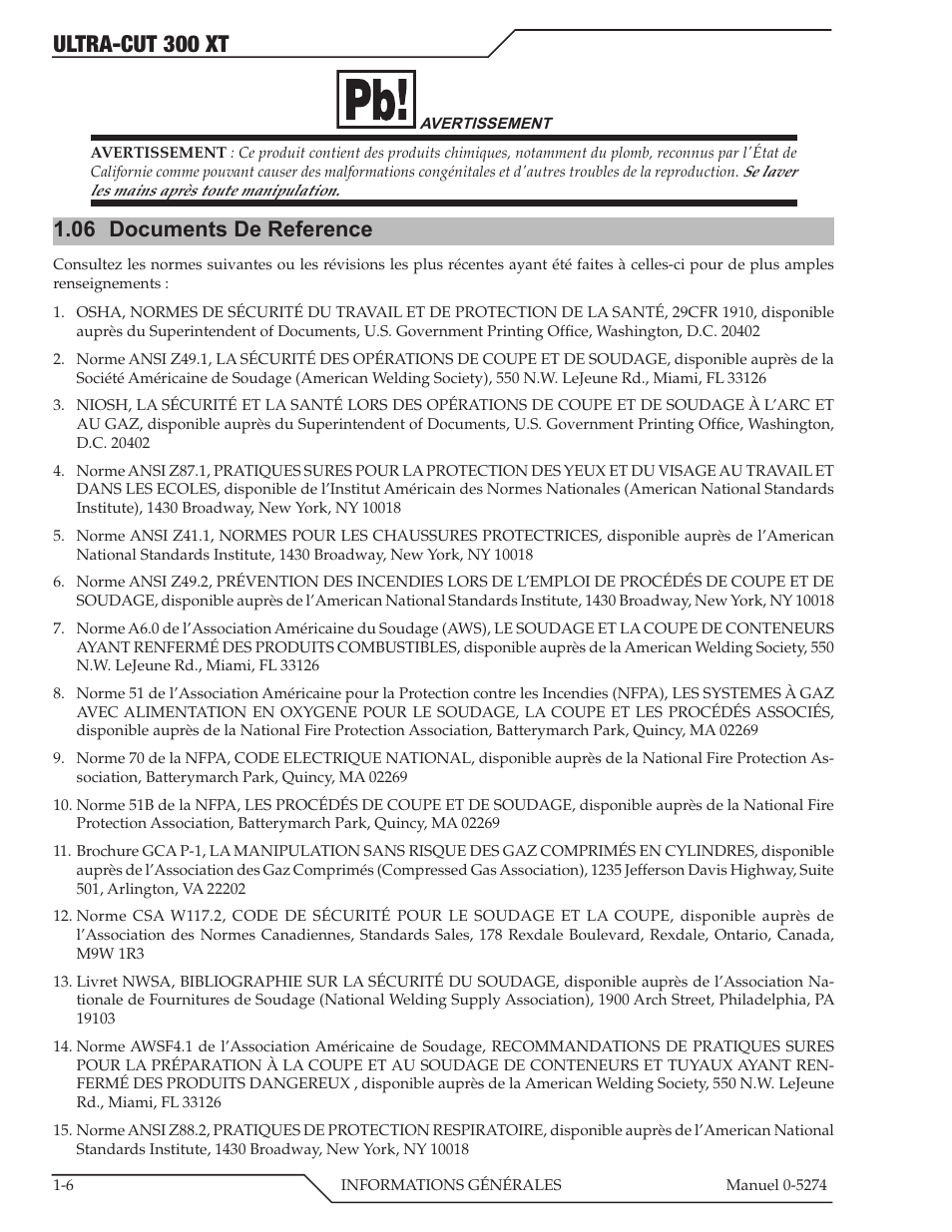 Ultra-cut 300 xt, 06 documents de reference | Tweco 300 XT Ultra-Cut Plasma Cutting System User Manual | Page 14 / 188