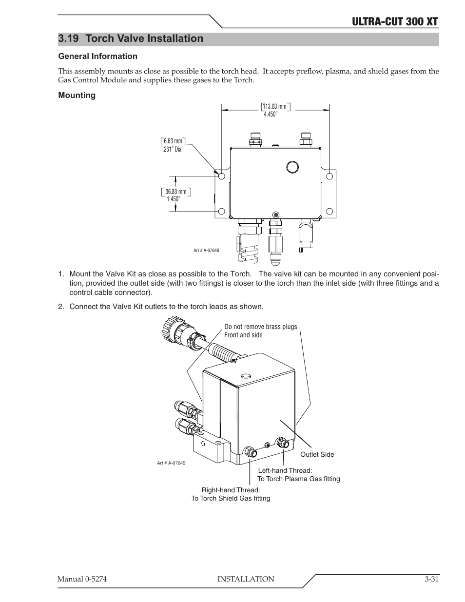 Ultra-cut 300 xt, 19 torch valve installation | Tweco 300 XT Ultra-Cut Plasma Cutting System User Manual | Page 55 / 188