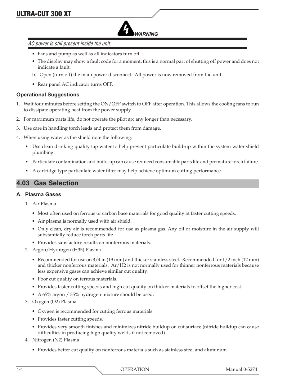 Ultra-cut 300 xt, 03 gas selection | Tweco 300 XT Ultra-Cut Plasma Cutting System User Manual | Page 68 / 188
