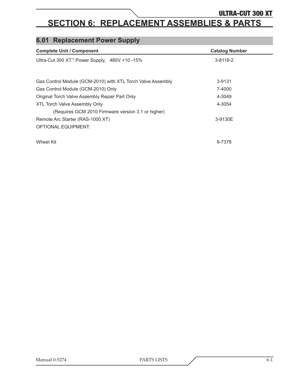 Ultra-cut 300 xt, 01 replacement power supply | Tweco 300 XT Ultra-Cut Plasma Cutting System User Manual | Page 87 / 188