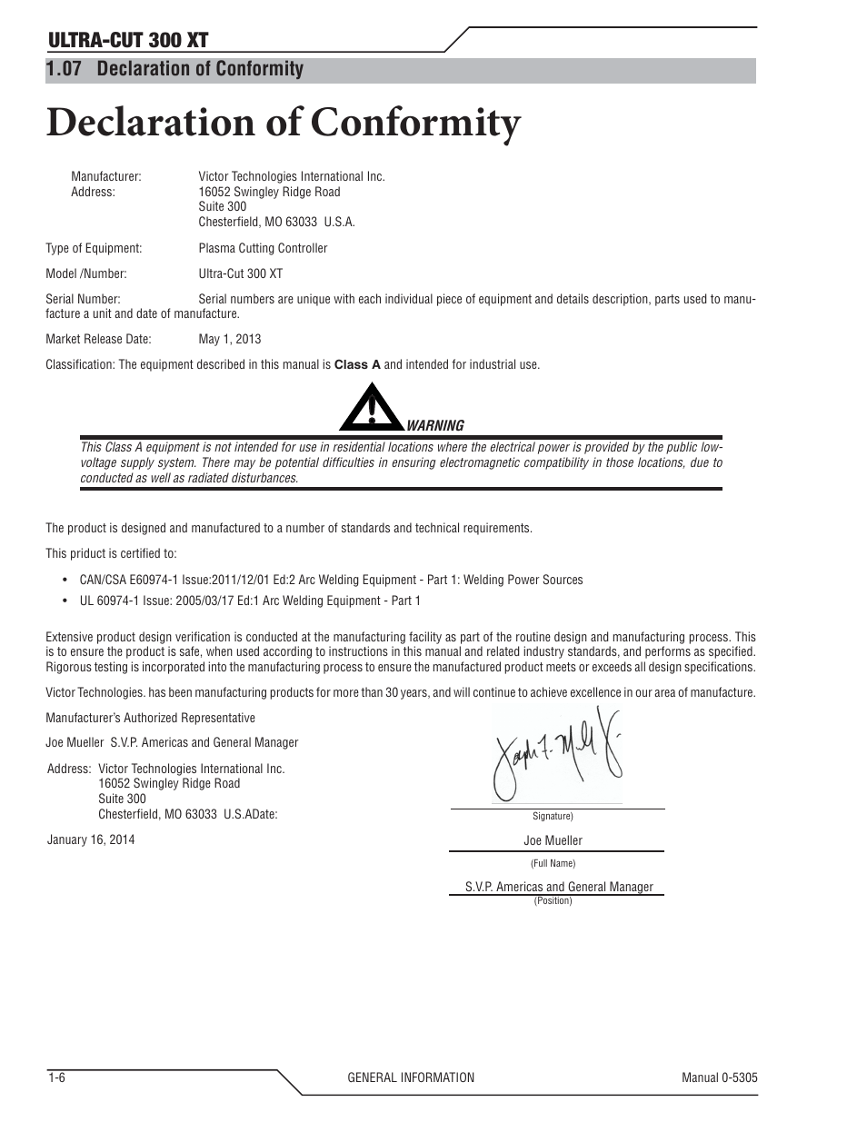 Declaration of conformity, Ultra-cut 300 xt, 07 declaration of conformity | Tweco 300 XT Ultra-Cut Plasma Cutting System With Automated Gas Control User Manual | Page 14 / 210