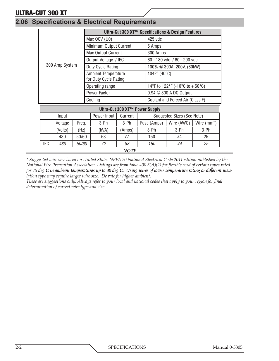 06 specifications & electrical requirements, Specifications & electrical requirements -2, Ultra-cut 300 xt | Tweco 300 XT Ultra-Cut Plasma Cutting System With Automated Gas Control User Manual | Page 18 / 210