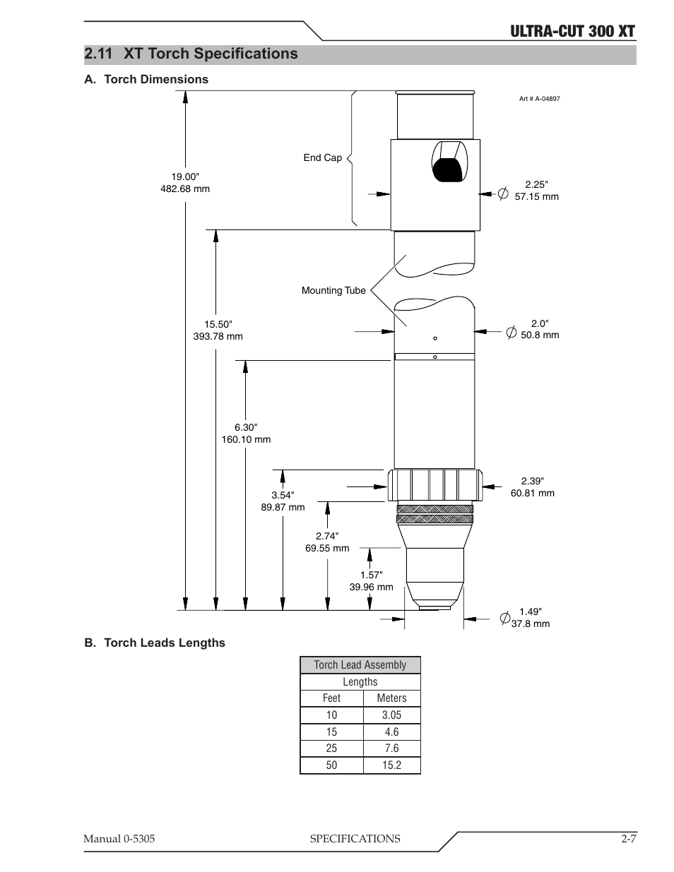 11 xt torch specifications, Xt torch specifications -7, Ultra-cut 300 xt | Tweco 300 XT Ultra-Cut Plasma Cutting System With Automated Gas Control User Manual | Page 23 / 210