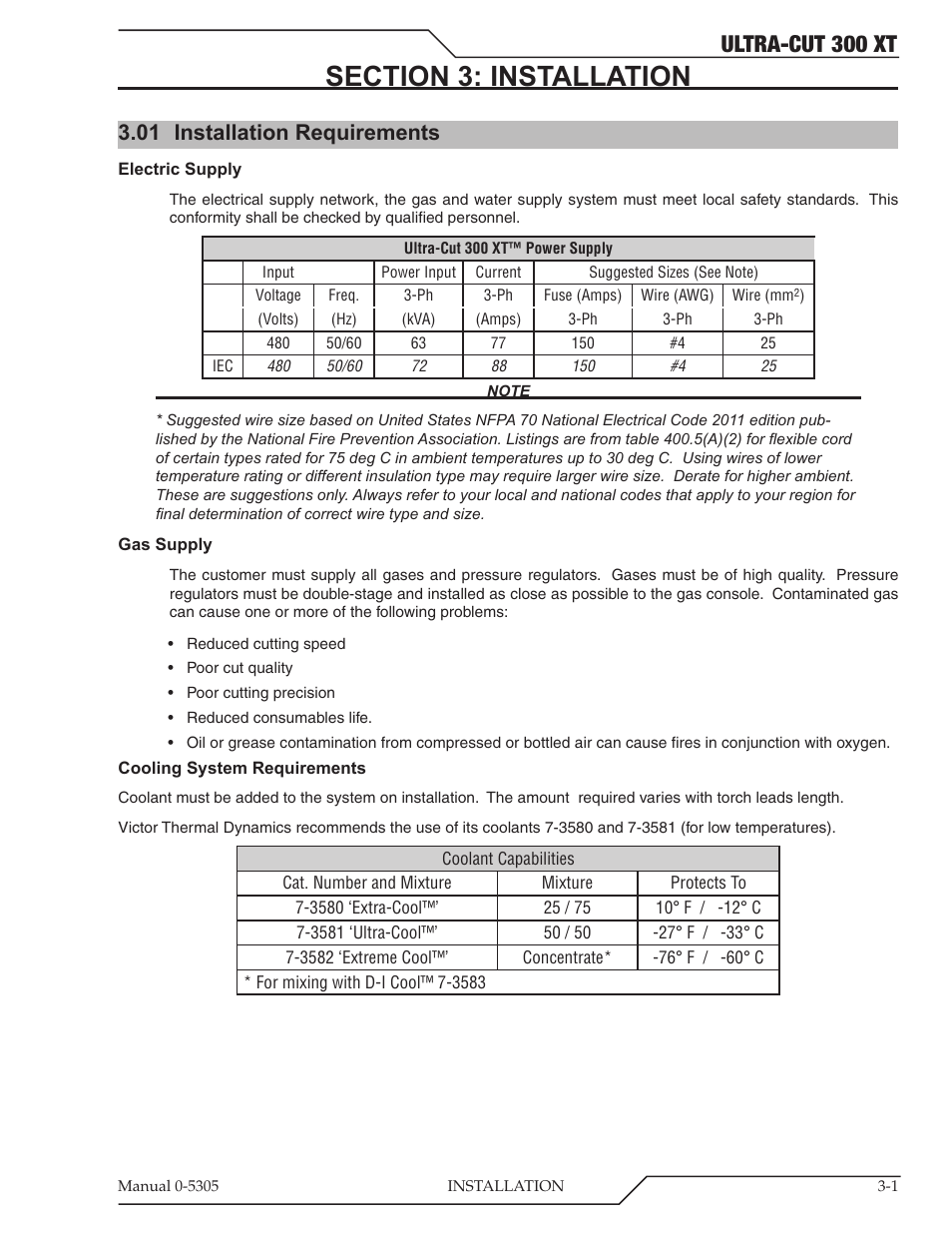 Section 3: installation, 01 installation requirements, Section 3: installation -1 | Installation requirements -1, Ultra-cut 300 xt | Tweco 300 XT Ultra-Cut Plasma Cutting System With Automated Gas Control User Manual | Page 25 / 210