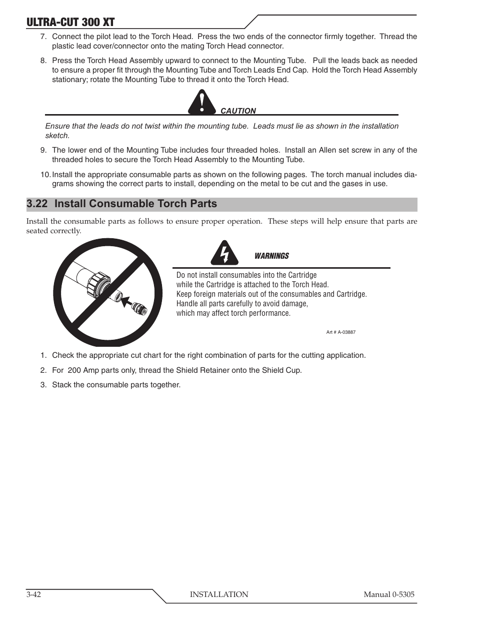 22 install consumable torch parts, Install consumable torch parts -42, Ultra-cut 300 xt | Tweco 300 XT Ultra-Cut Plasma Cutting System With Automated Gas Control User Manual | Page 66 / 210