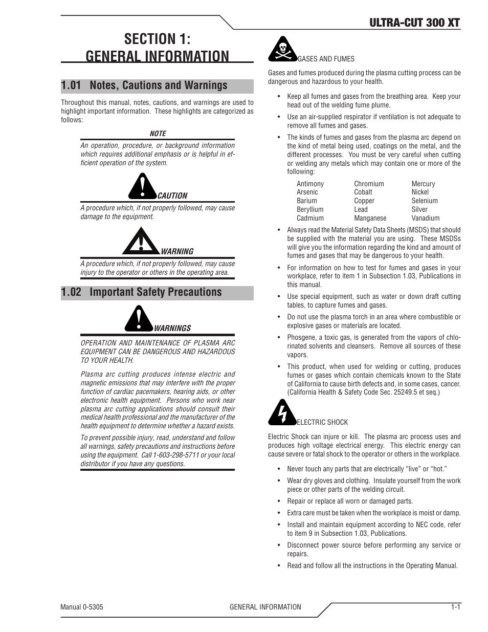 Section 1: general information, 01 notes, cautions and warnings, 02 important safety precautions | Section 1, General information -1, Notes, cautions and warnings -1, Important safety precautions -1, Ultra-cut 300 xt | Tweco 300 XT Ultra-Cut Plasma Cutting System With Automated Gas Control User Manual | Page 9 / 210