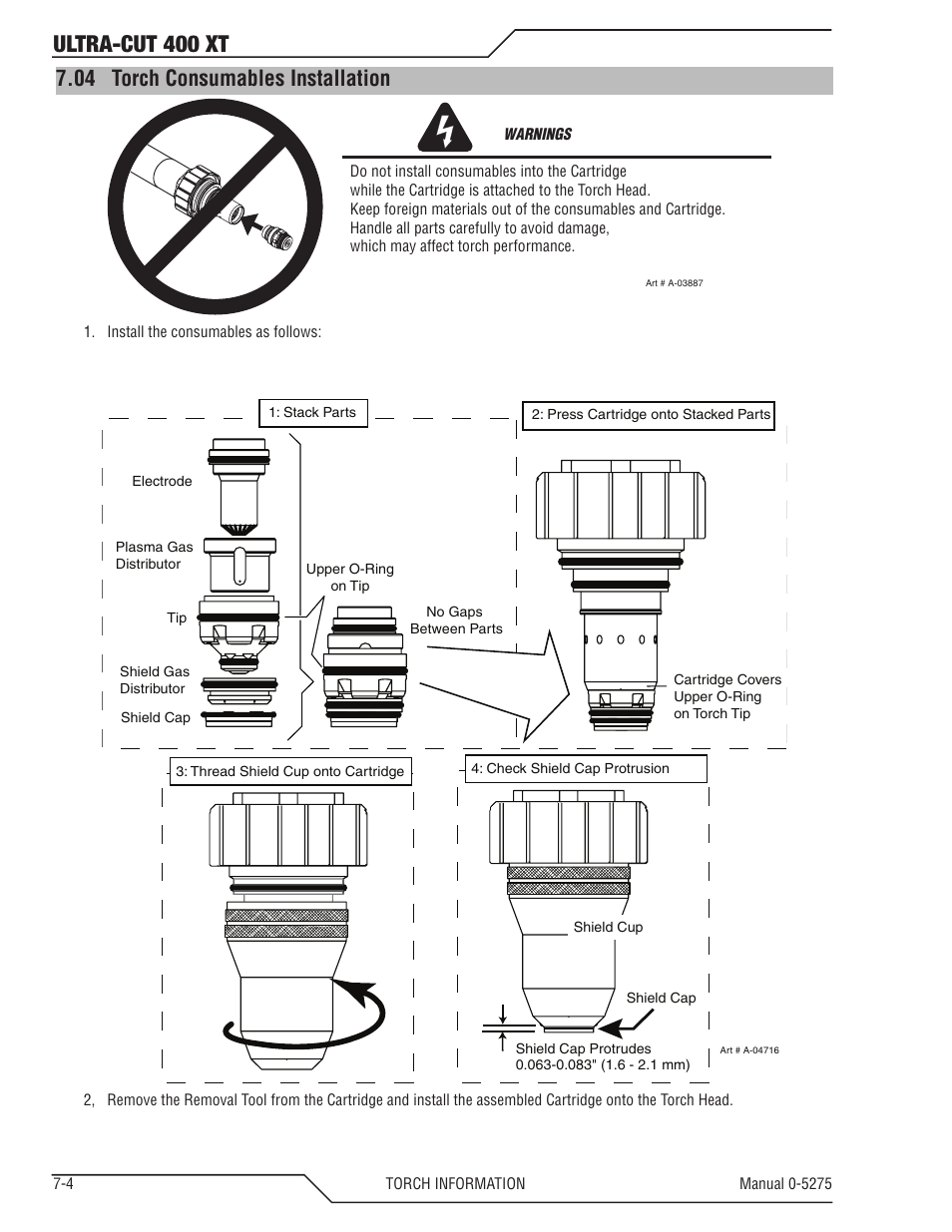 04 torch consumables installation, Torch consumables installation -4, Ultra-cut 400 xt | Tweco 400 XT Ultra-Cut Plasma Cutting System User Manual | Page 104 / 188