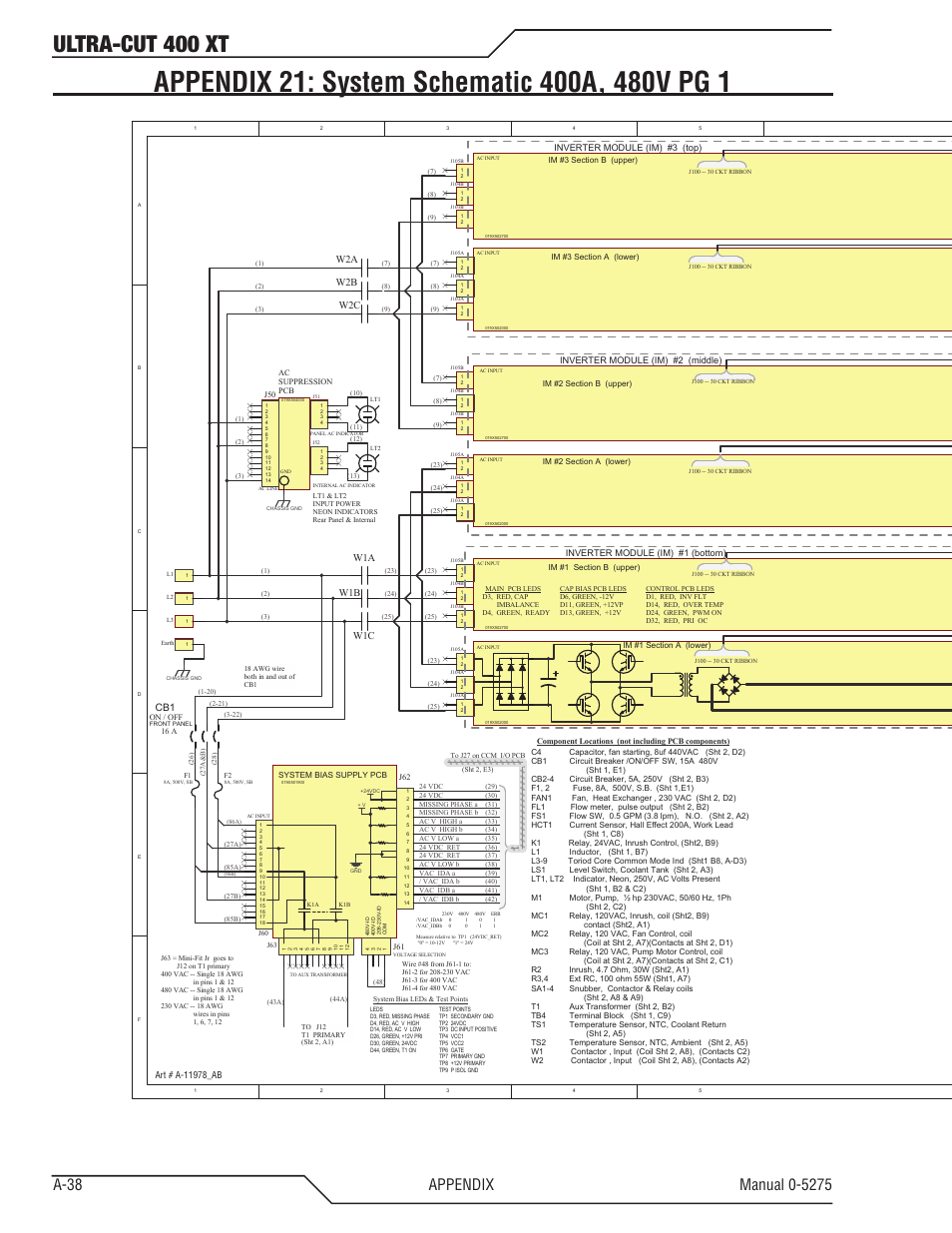 Appendix 21: system schematic 400a, 480v pg 1, Ultra-cut 400 xt, Work tip ele ct rod e | Hct1, W1a w1b w1c, W2a w2b w2c | Tweco 400 XT Ultra-Cut Plasma Cutting System User Manual | Page 146 / 188