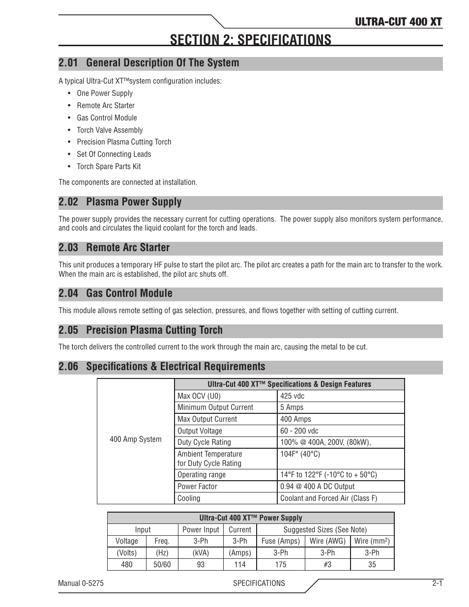 Section 2: specifications, 01 general description of the system, 02 plasma power supply | 03 remote arc starter, 04 gas control module, 05 precision plasma cutting torch, Section 2: specifications -1, General description of the system -1, Plasma power supply -1, Remote arc starter -1 | Tweco 400 XT Ultra-Cut Plasma Cutting System User Manual | Page 17 / 188