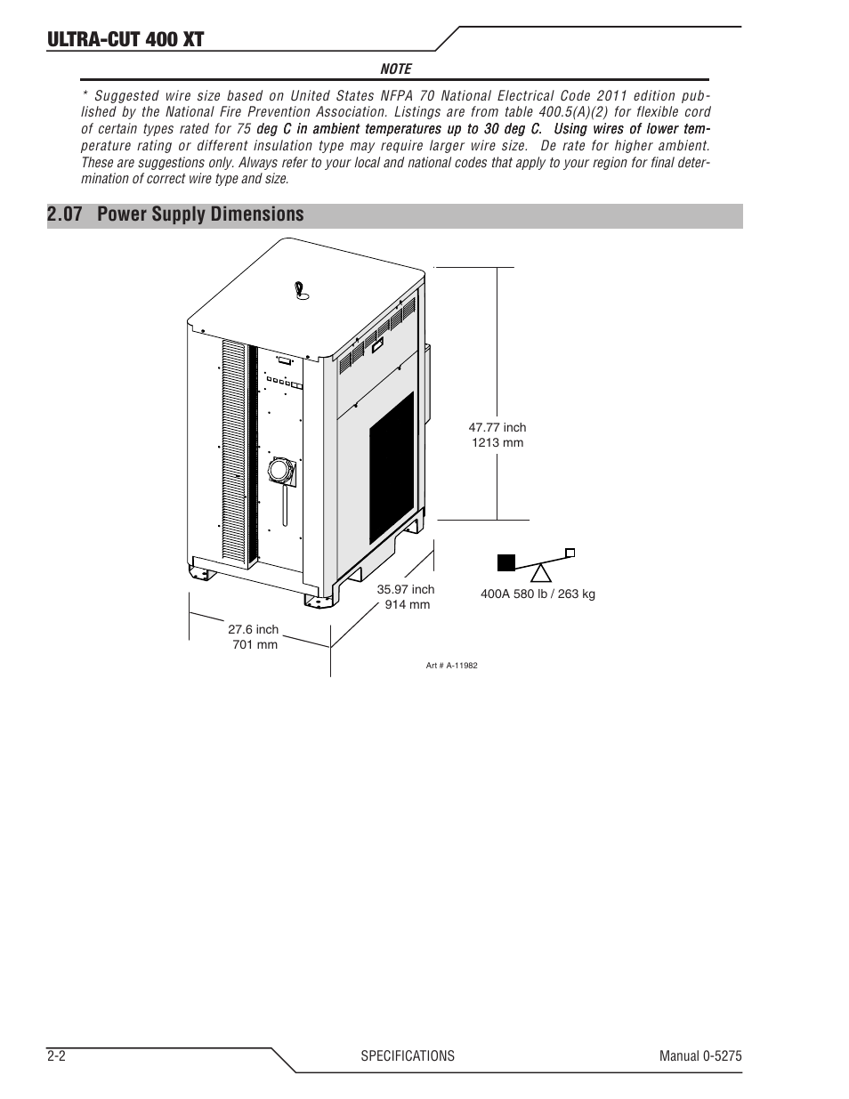 06 specifications & electrical requirements, Specifications & electrical requirements -2, Ultra-cut 400 xt | 07 power supply dimensions | Tweco 400 XT Ultra-Cut Plasma Cutting System User Manual | Page 18 / 188