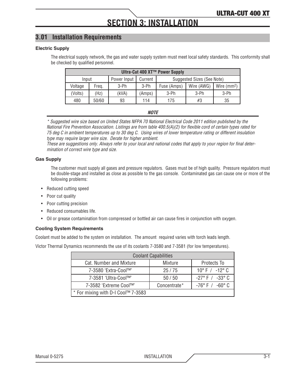 Section 3: installation, 01 installation requirements, Section 3: installation -1 | Installation requirements -1, Ultra-cut 400 xt | Tweco 400 XT Ultra-Cut Plasma Cutting System User Manual | Page 23 / 188