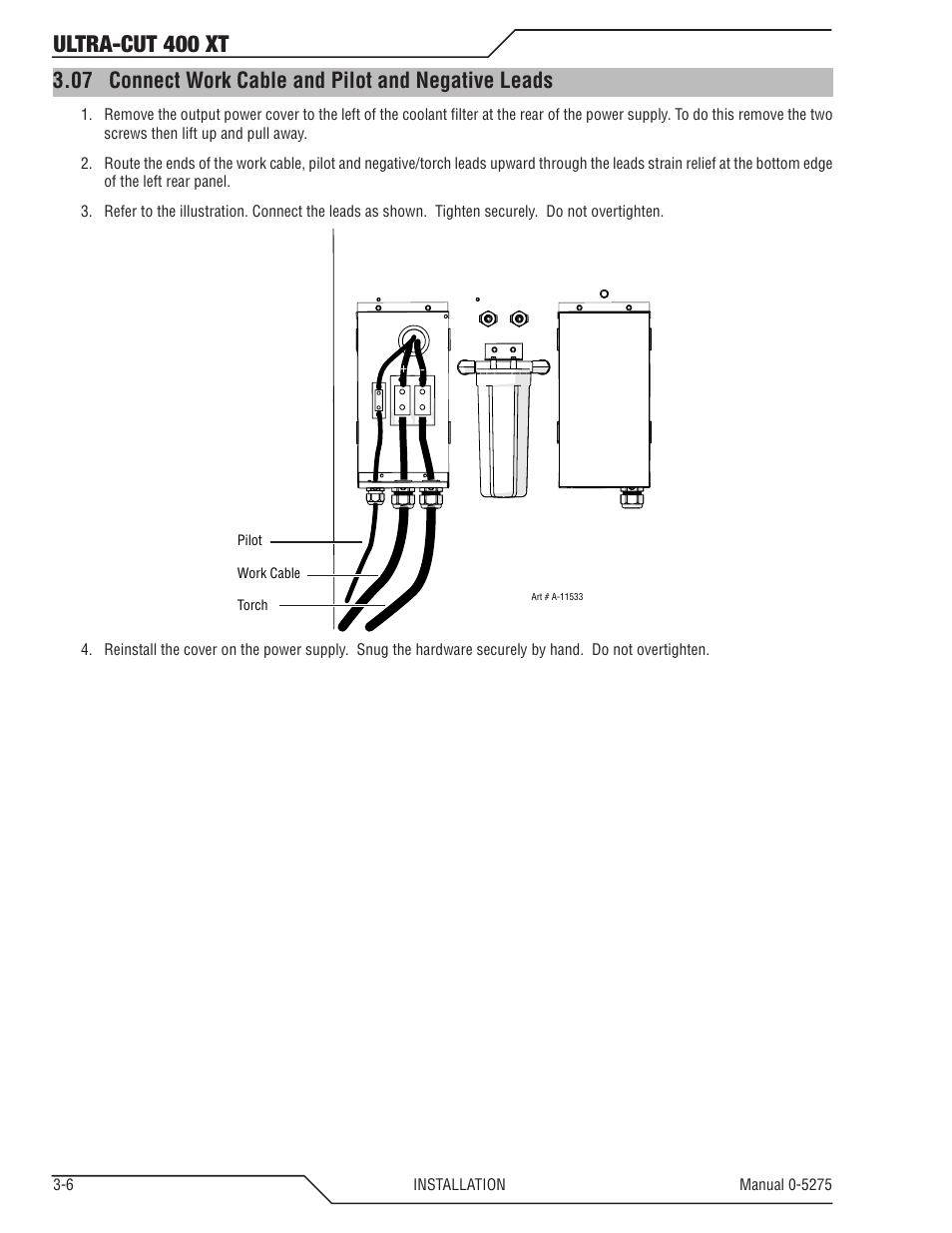 07 connect work cable and pilot and negative leads, Connect work cable and pilot and negative leads -6, Ultra-cut 400 xt | Tweco 400 XT Ultra-Cut Plasma Cutting System User Manual | Page 28 / 188