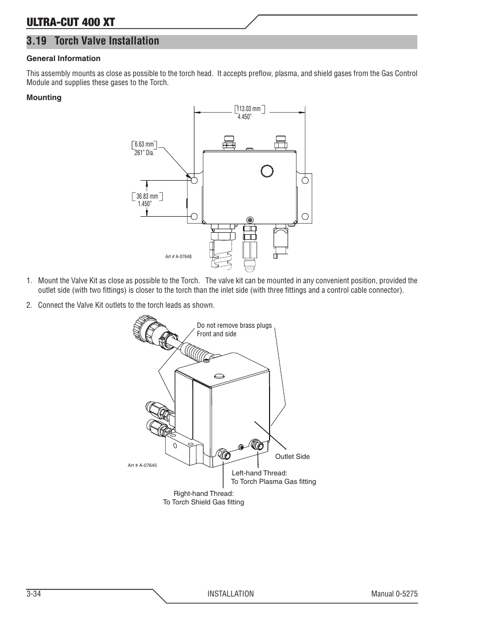 19 torch valve installation, Torch valve installation -34, Ultra-cut 400 xt | Tweco 400 XT Ultra-Cut Plasma Cutting System User Manual | Page 56 / 188